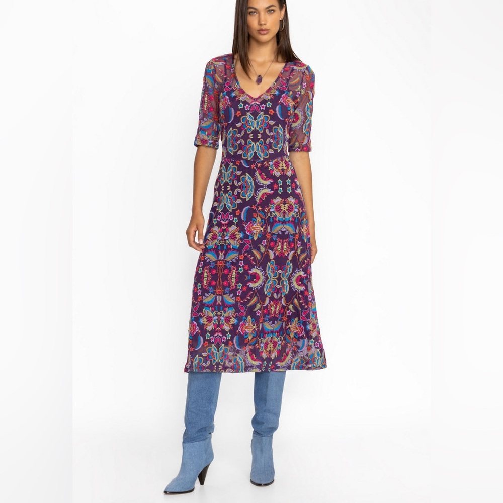 Johnny Was Sayler Mesh Midi Dress Floral V Neck Size Small NWT